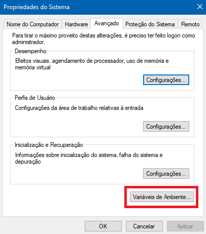 Configurações avançadas do sistema no Windows 10