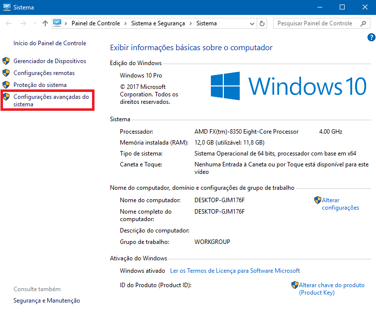 Propriedades do sistema no Windows 10