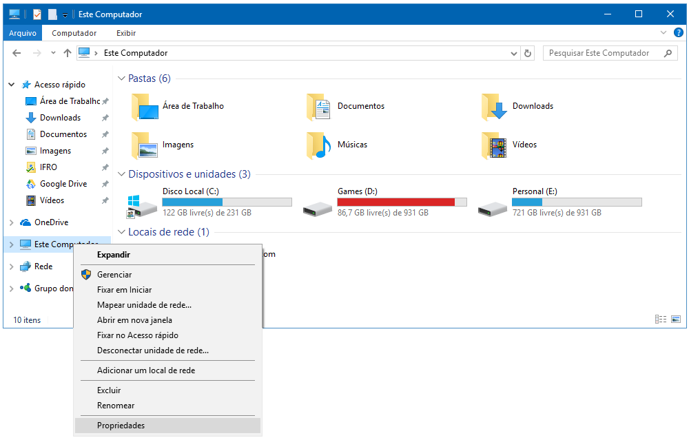 Seleção de Propriedades do Computador no Windows Explorer